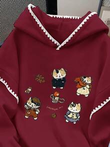 Resyla 女士卫衣 / 可爱小猫印花 / 休闲简约时尚卫衣 / 刺绣 / 时尚上衣 / 卡通卫衣 / 复古冬日卫衣 / 秋冬宽松圆领长袖连帽衫 / 女士春季套头衫、时尚卫衣、女士蕾丝边撞色连帽衫、长袖上衣、秋冬连帽衫 - 酒紅色 - 查看 3