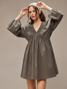 WESTFADE 100% Cotton Smocked V Neck Long Sleeve A Line Mini Dress Winter, Boho, Western Wear, Holiday, Christmas, NYE, New Year, Nashville Cowgirl, Casual, Cute - Olive Green - View 5