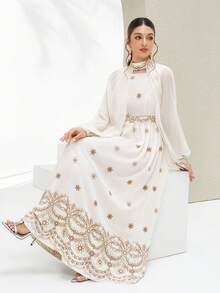 Al Najma Women's Contrast Color Printed Long Sleeve Arabic Style Dress  Arabic-Style Long Kaftan Robe, Arabic Women's Dress, Turkish Dress, Abaya Robe, Traditional Women's Dress Arabic Style Long Dress Kaftan Jalabiya Dress Arabic Dress For Women Turkish Dress Abaya Dress Abaya For Women Summer Dress   White Dresses For Women - Beige - View 7