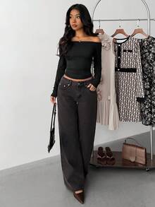 Teen Girl Black Off-Shoulder Fitted Casual Long Sleeve Basic Tee