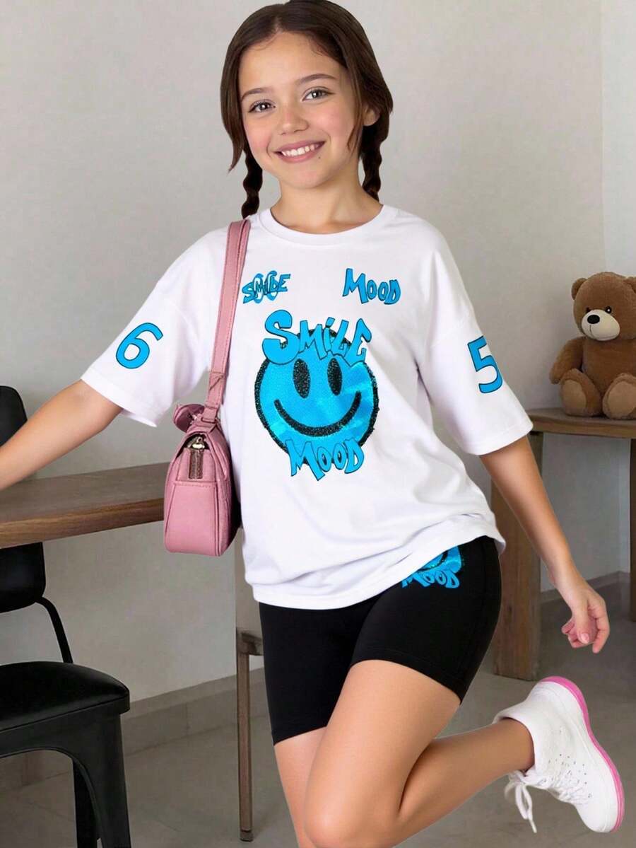 Sparklyn 女孩笑脸印花宽松圆领短袖T恤和紧身短裤运动套装,女孩夏季街头时尚套装 - 白色 - 查看 1