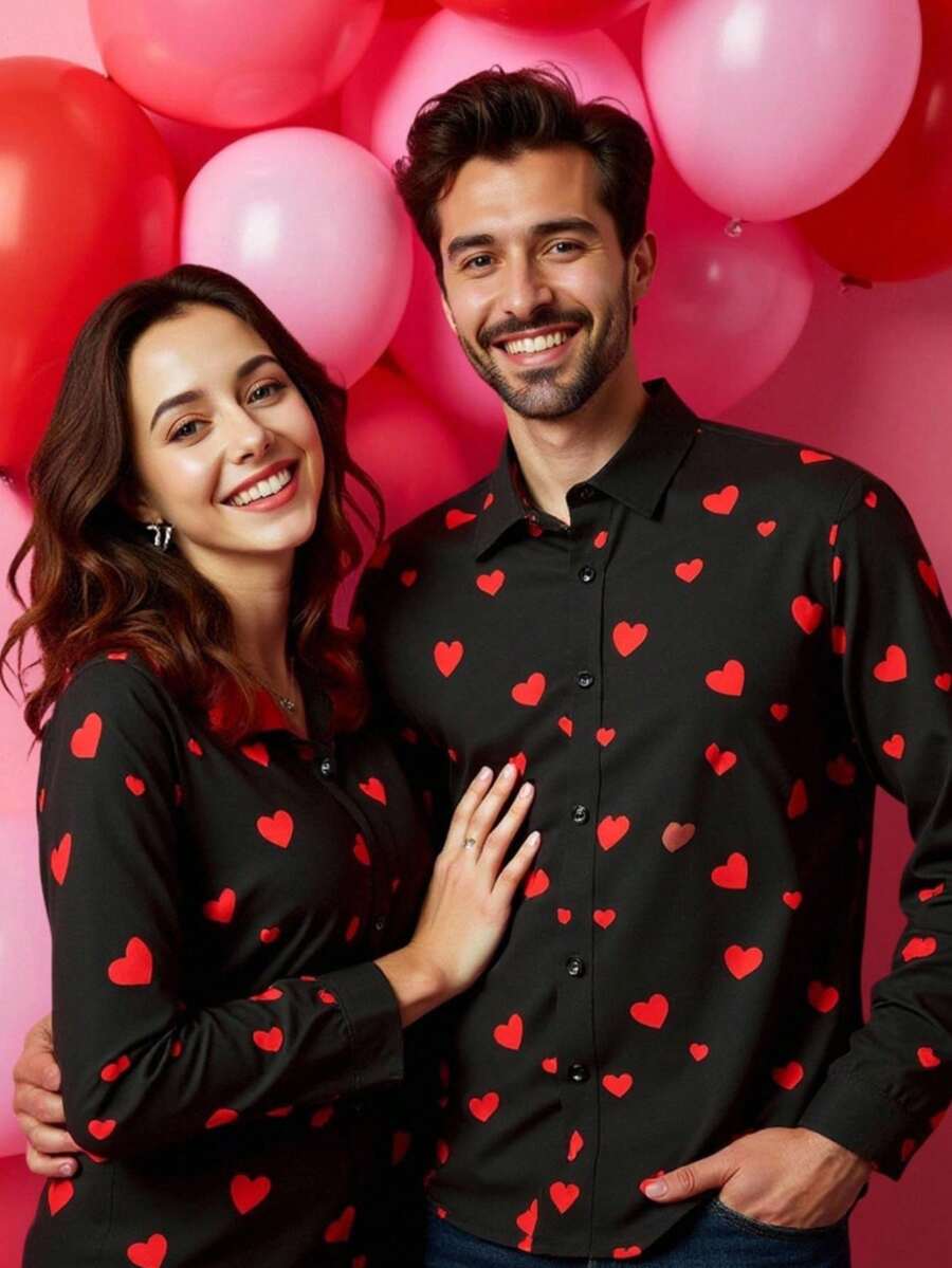 HIMLAND Men's Contrast Color Heart Print Long Sleeve Shirt Couple Matching Shirts For Couples Valentines Day Attire Black Shirt Red Hearts Husband And Wife Matching Outfits Men And Woman Matching Outfits - Black - View 1