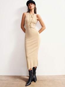 Bohemela Casual Solid Color Knit Fitted Sleeveless Round Neck Washed Long Dress For Women - Khaki - View 4