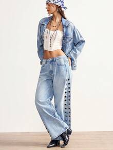 Bohemela Women's Solid Color Metal Grommet Pocket Casual Pants - Blue - View 6