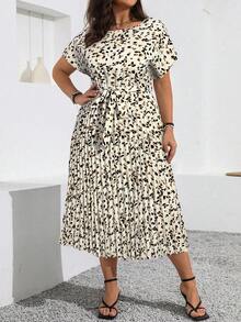 Vionelle 大码夏季休闲印花蝙蝠袖连衣裙，褶裥下摆，女士长款连衣裙，动物印花连衣裙，褶裥中长连衣裙，猎豹纹连衣裙，豹纹连衣裙，优雅夏季连衣裙 - 杏色 - 查看 4