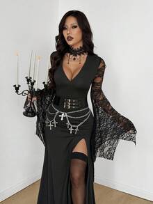 Coolane Women's Summer  Y2K Goth Chic Rave Outfit Lace Stretchy Comfortable Halloween Outfits Witch Dark Style Batwing Sleeve Maxi Black Dress - Black - View 6