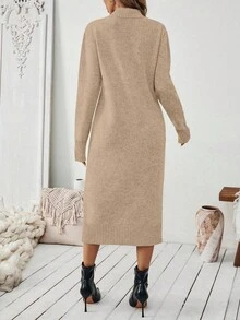 EMERY ROSE Women's Coffee Brown Straight Simple Knit Sweater Dress - Khaki - View 2