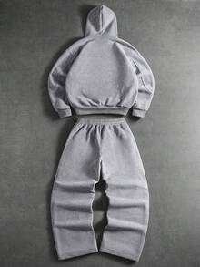 PAVTROS Men Hoodie Co-Ords,Men's Streetwear,Baggy,Brand,I Love My Boyfriend,Graphic,Boyfriend,Men's Hooded Sweatshirt Set With Structural Line Splicing, Foam Print, And Star Pattern. - Light Grey - View 2