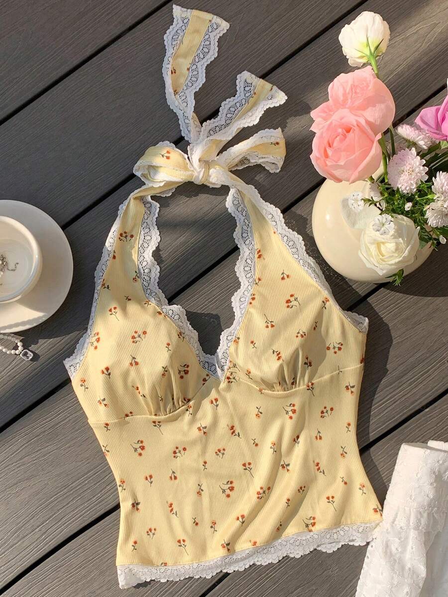 Comfortcana 女士性感碎花撞色蕾丝露背系带吊带背心，夏季度假风 - 黃色 - 查看 1