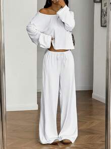 SHEIN EZwear 2 件套女士休闲纯色长袖上衣和裤子套装，秋季 - 白色 - 查看 4