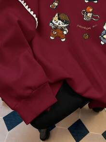 Resyla 女士卫衣 / 可爱小猫印花 / 休闲简约时尚卫衣 / 刺绣 / 时尚上衣 / 卡通卫衣 / 复古冬日卫衣 / 秋冬宽松圆领长袖连帽衫 / 女士春季套头衫、时尚卫衣、女士蕾丝边撞色连帽衫、长袖上衣、秋冬连帽衫 - 酒紅色 - 查看 4
