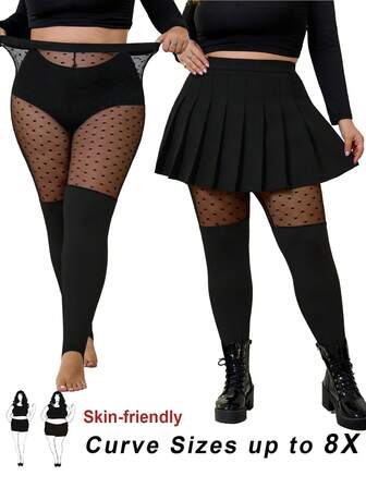 SHEIN CURVE+ Curve Plus Size/Höstkläder/Höstkläder för kvinnor/Vinterkläder för kvinnor/VinterkläderDamkläder Plus Size, Hela strumpbyxor, Svarta leggings i plusstorlek, Halkfria leggings med höga ben, Svarta leggings med nätlappar för vardagligt bruk, Enkla och moderiktiga, Vår- och sommarkläder, Höstkläder för kvinnor, Vinter, CURVE PLUS