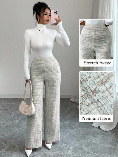 Elenzga Knitted Elastic Argyle Casual Women's Pants, High-Waisted Slim Fit Straight Leg Trousers, Autumn New Arrival