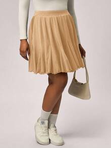 SHEIN Tall CURVE Plus Size Black Casual Loose A-Line Skirt, Fashionable, Black Ruffle Skirt, Shorts - Camel - View 7