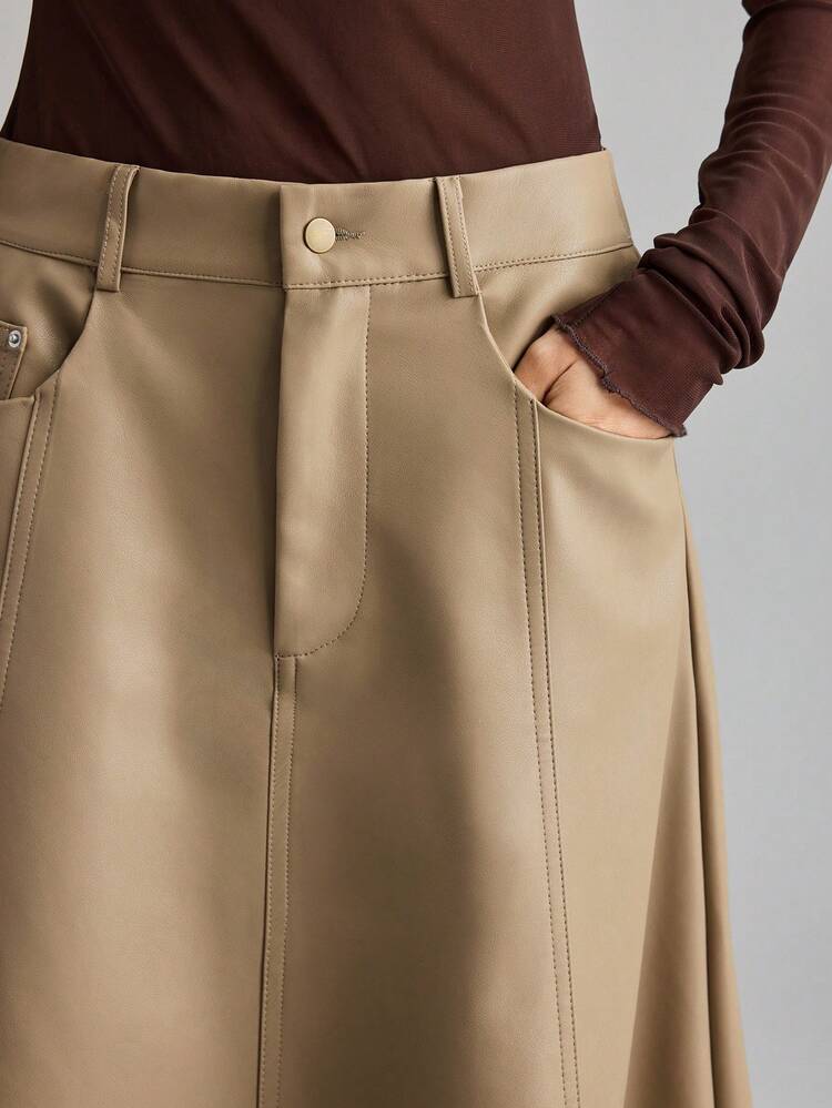 2026 Spring/Summer Khaki Autumn Elegant Unique Elegent Office Leather A-Line Skirt,Soft Comfortable Material For Business,Commuting,Daily Wear,Parties