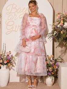 Loomaby Maternity Mesh Patchwork All-Over Print Square Neck Long Sleeve Dress,Gender Reveal Dress,Maternity Dress, Baby Shower Dress,Maternity Clothes