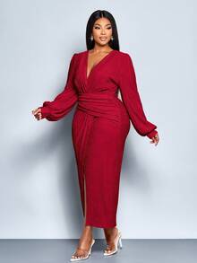 SOLERSUN 大码女装纯色秋冬气质优雅V领不对称交叉下摆泡泡袖连衣裙，适合派对和音乐节，长袖下摆开衩杏色质感面料连衣裙，秋季婚礼宾客礼服，女士优雅连衣裙，舞会礼服，时尚，派对，2026，新年，情人节 - 酒紅色 - 查看 7