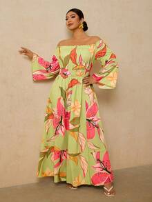 Travachic Robe longue à manches longues et imprimé floral vert pour femmes grandes tailles, robe longue à épaules dénudées avec taille cintrée et fente avant en forme de ligne A, robe romantique pour un rendez-vous au début du printemps - Vert - Voir 7