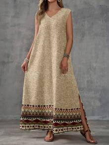 EMERY ROSE 女士V领印花复古图案无袖连衣裙 - 彩色 - 查看 4