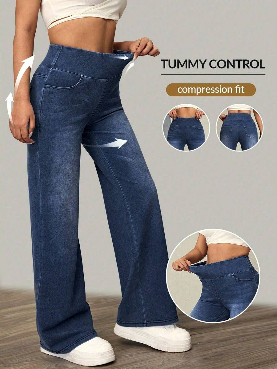 Flexra Women High Waist Pocket Loose Flare Jeans, Versatile Casual Denim Pants - Dark Wash - View 1