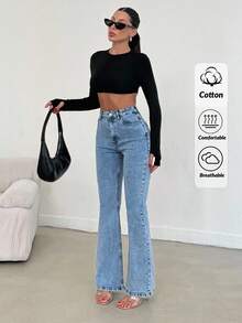 EURMUSE 98% CottonHigh Waist Snow Wash Flare Jean - Medium Wash - View 1