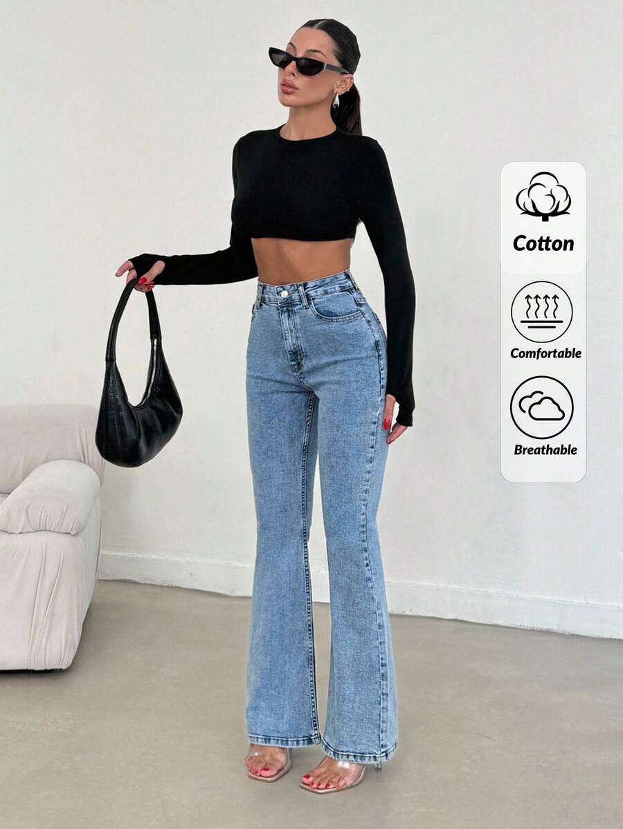 EURMUSE 98% CottonHigh Waist Snow Wash Flare Jean - Medium Wash - View 1