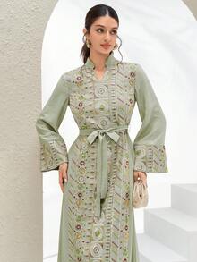 Al Najma New Elegant Beaded Embroidery Patchwork Cinched Waist Dress, High-End For Party, Gathering, Vacation - Green - View 4