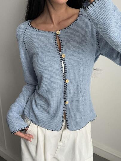 Livesso 女士宽松休闲镂空针织长袖T恤，撞色条纹装饰，春秋季时尚街头风