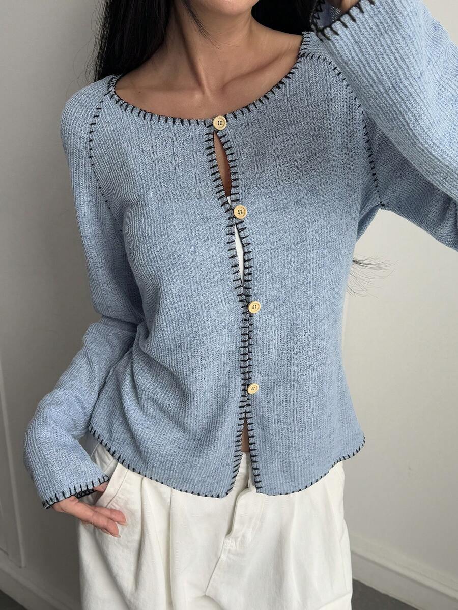 Livesso Áo thun dệt kim dài tay khoét lỗ dáng rộng thoải mái cho nữ với họa tiết sọc khối màu, phong cách đường phố thời trang cho mùa xuân và mùa thu - Màu xanh lam - Xem 1