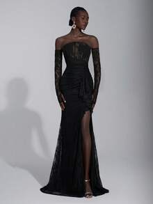 Elitara 优雅奢华的弹力蕾丝露肩无肩带连衣裙，配有可拆卸的薄纱袖子、美人鱼裙摆和性感开衩，适合婚礼、派对、度假、晚宴、正式活动、情人节等场合。 - 黑色 - 查看 1