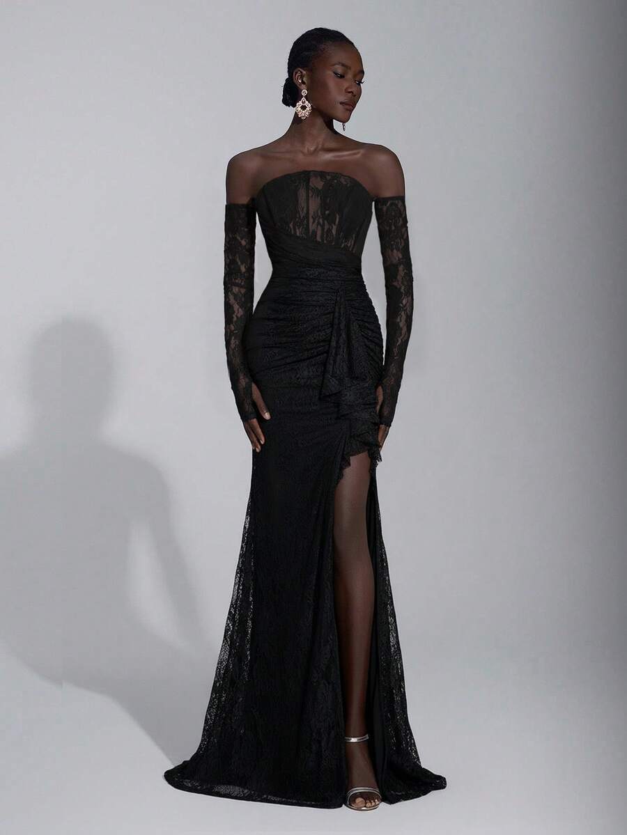 Elitara 优雅奢华的弹力蕾丝露肩无肩带连衣裙，配有可拆卸的薄纱袖子、美人鱼裙摆和性感开衩，适合婚礼、派对、度假、晚宴、正式活动、情人节等场合。 - 黑色 - 查看 1