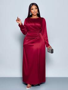 SOLERSUN 女士优雅纯色褶边缎面紧身连衣裙，适合约会派对长款女装 - 酒紅色 - 查看 3