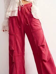 Bohemela BOHO Winter Christmas New Year Casual Solid Color Knit Loose Flare Pants For Women - Red - View 4