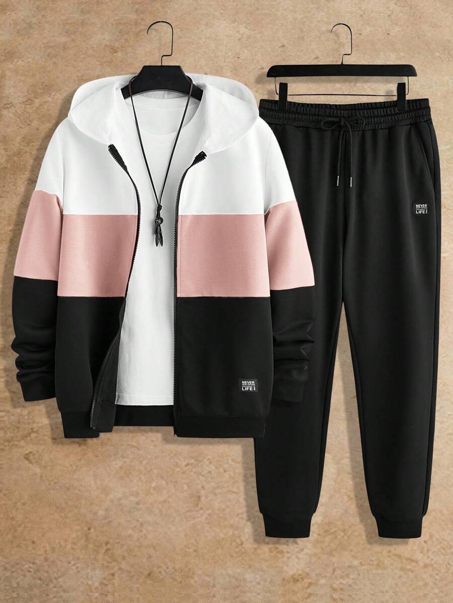 Manfinity VCAY 2pcs Men's Knit Fitted Contrast Color Block Long Sleeve Hoodie Sweatshirt Set,Plus Size Sweat Suit,Black And White,Autumn,Casual,Gym Streetwear Set - Multicolor - View 1