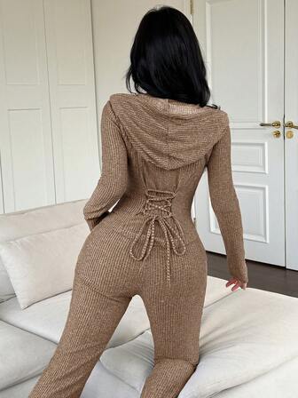 Feyla Women's Solid Color Waist Tie Design Zipper Front Hoodie And Pants Casual 2 Piece Set