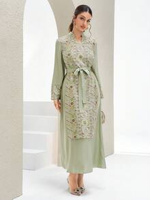 Al Najma New Elegant Beaded Embroidery Patchwork Cinched Waist Dress, High-End For Party, Gathering, Vacation - Green - View 5