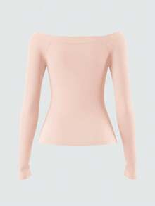 SHEIN BASICS 1pc Women's Casual Solid Color Off Shoulder Long Sleeve Fitted Blouse Tight Fitted Tops Off The Shoulder Top - Pink - View 3