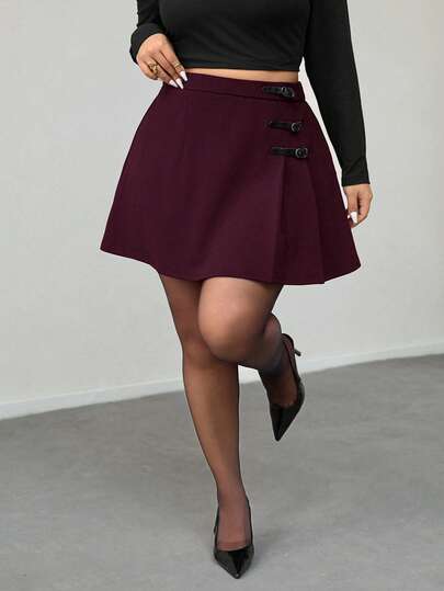 Firerie Falda mini negra de línea A con cintura alta, plisada y hebilla, elegante, minimalista, casual y de uso diario para mujer de talla grande