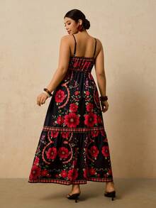 Travachic 大码女式黄色热带植物印花连衣裙，吊带露腰连衣裙，长款连衣裙，秋季连衣裙 - 黑色 - 查看 2