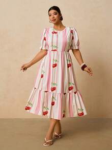 Travachic 大码女式粉色条纹圆领短袖连衣裙，浪漫宽松休闲连衣裙，适合早春夏季节，适合女士海滩度假、假日休闲穿着，粉色连衣裙 - 粉色 - 查看 4