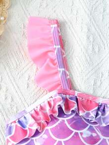 SHEIN 少女情人节度假休闲沙滩渐变鱼鳞印花荷叶边连体泳衣 - 粉色 - 查看 4