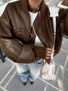 Muchica Damska kurtka casualowa na co dzień, w jednolitym kolorze, z kieszeniami na zamek, jesienna - Kawowy brązowy - Zobacz 6