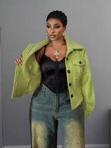 Maweii Plus Size Women's Pocket French Retro High Collar Cinched Waist Jacket - Green - View 6