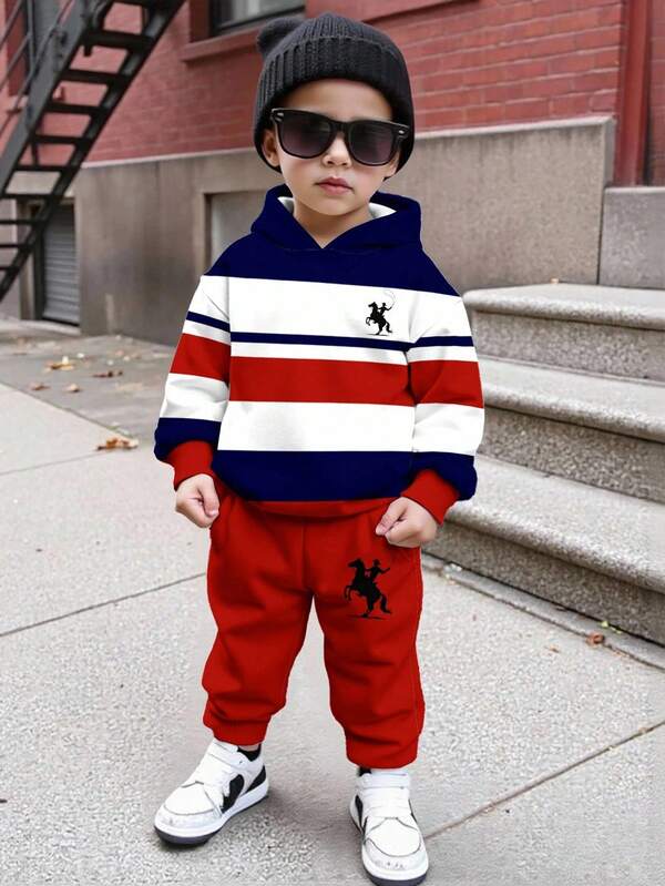 SHEIN 2 件套年轻男孩休闲宽松运动卫衣，拼色马术图案印花套头连帽衫，适合秋冬季