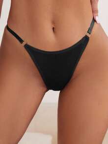 Women's Black Plain Thong Panties With Ring Detail Medium Stretch Casual Underwear - Black - View 3