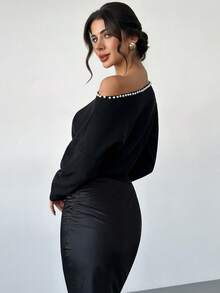 Firerie Women's Elegant Minimalist Delicate Romantic Date Daily Versatile New Arrival Popular New Year Valentine's Day Spring Pearl Shoulder Long Sleeve Loose Black Knit Sweater,Sweaters For Women - Black - View 12