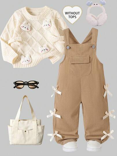 Baby Girls' Casual Style Denim Bib Pants, Khaki Color With Bow Decor, Loose Straight Leg, Soft & Comfortable Fabric, Versatile For Everyday Wear, Suitable For Spring, Summer, Autumn And Winter