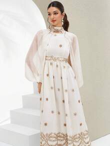 Al Najma Women's Contrast Color Printed Long Sleeve Arabic Style Dress  Arabic-Style Long Kaftan Robe, Arabic Women's Dress, Turkish Dress, Abaya Robe, Traditional Women's Dress Arabic Style Long Dress Kaftan Jalabiya Dress Arabic Dress For Women Turkish Dress Abaya Dress Abaya For Women Summer Dress   White Dresses For Women - Beige - View 5