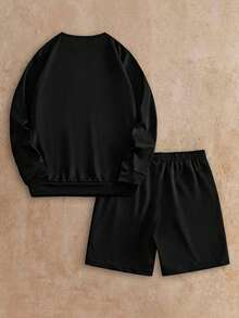 HIMLAND Men Letter Patched Sweatshirt & Shorts, Fall Clothes, Winter, Cozy Outfits - Black - View 2