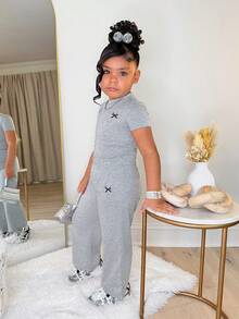 SHEIN 2pcs/Set Girls' Bow Print Knit Casual Matching Set, Fashionable Streetwear - Grey - View 4